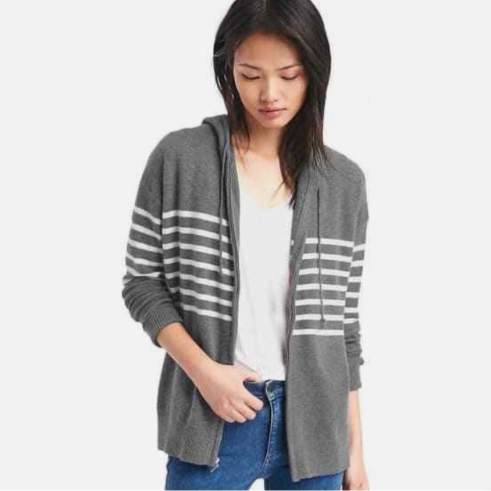 Gap Women's Soft Zip‎ Hooded Sweater Gray Striped Wool Blend Cody Size XL